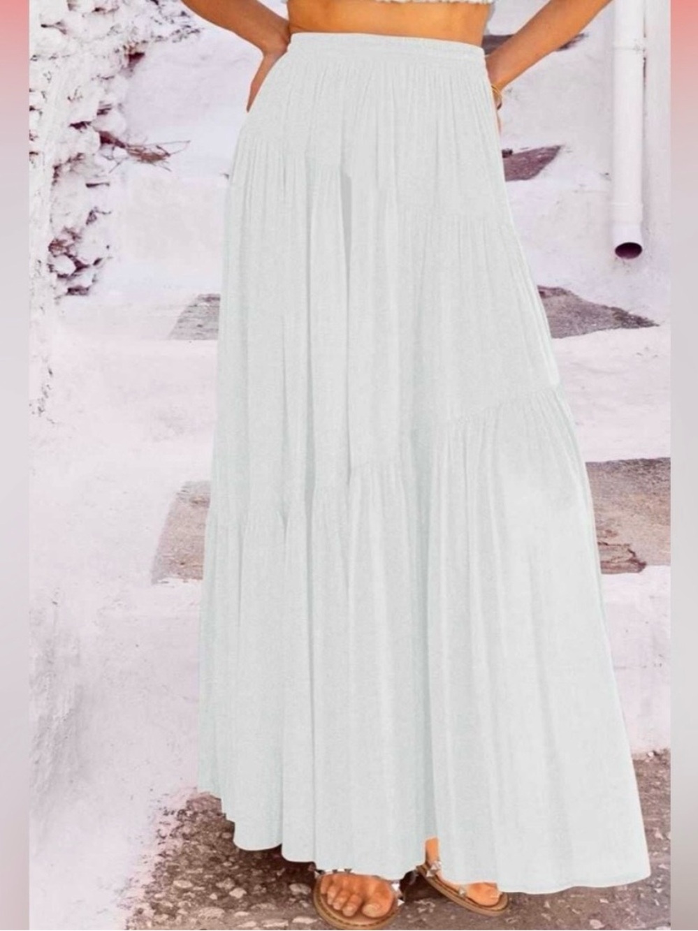 Anrabess long flowy white tiered 100% rayon maxi skirt size medium - Picture 2 of 9